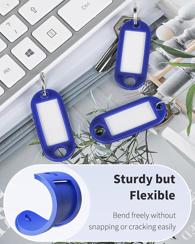 Uniclife 40 Pieces Key Tags 2 Inch Soft Plastic Key Chain Tags with Blank Paper Labels Clear Windows Protective Films and Split Rings Flexible Item Identifiers, Blue