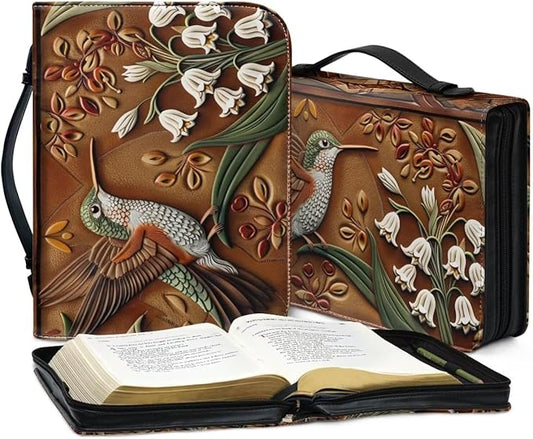Lotusorchid Flower Hummingbird Printed Bible Covers for Women PU Leather Bible Bag Church Bag Book Carrying Case Bible Accessories with Handle