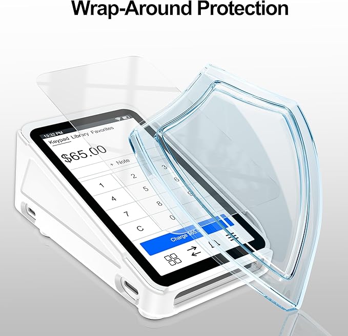 Kailfee Protective Case and 3pc HD Screen Protector for Square Terminal, Plastic Protective Hard Case Anti-Slip Grip Design, Anti-Scratch Tempered Glass Screen Protector(White)
