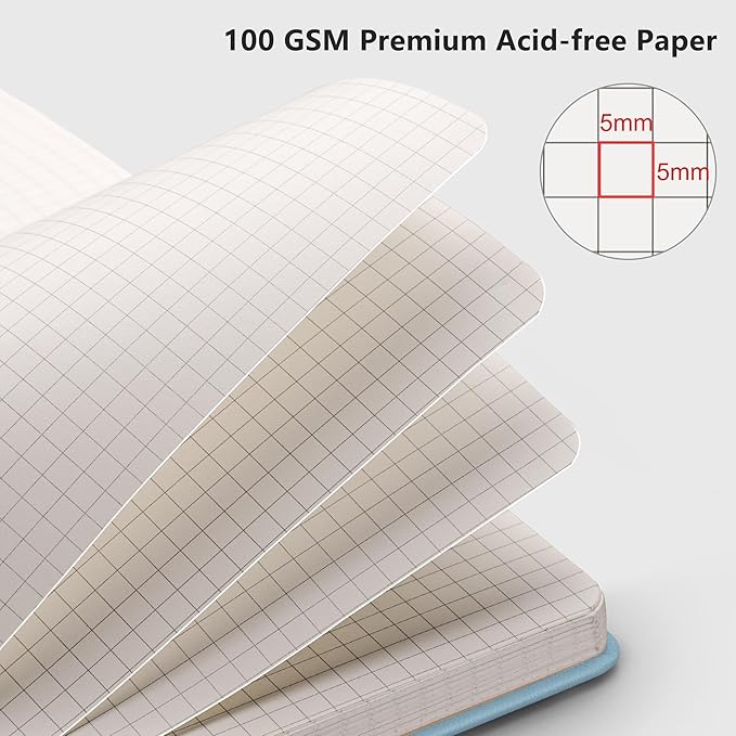 RETTACY Graph Paper Notebook, A5 Grid Notebook Journal with 192 Pages, 5.7'' × 8.3'', Medium Size, Leather Hardcover, 100 GSM Thick Paper, for Students, Homework, Math, Engineering (Light Blue)