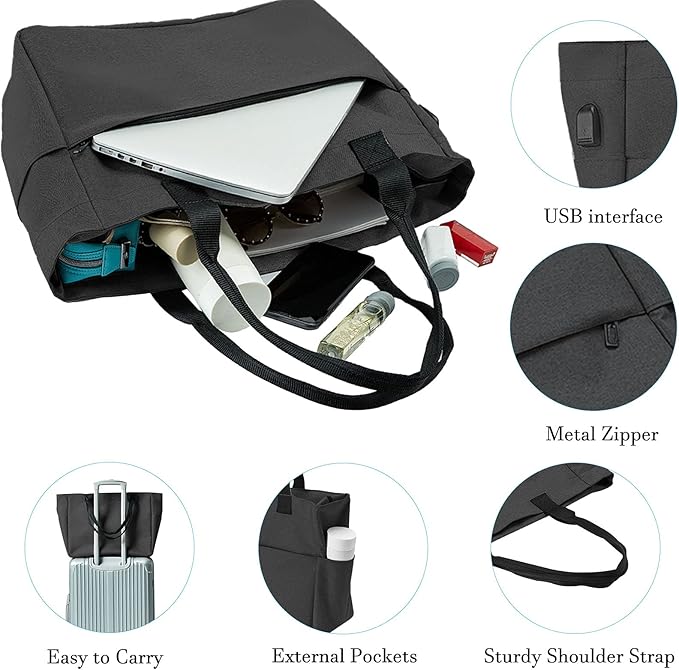 Tote Bag for Women Large Work Bags Laptop 15.6-17 Inch Handbag Purse Book Bag with Zipper for Nurse Teacher School, Blackgrey