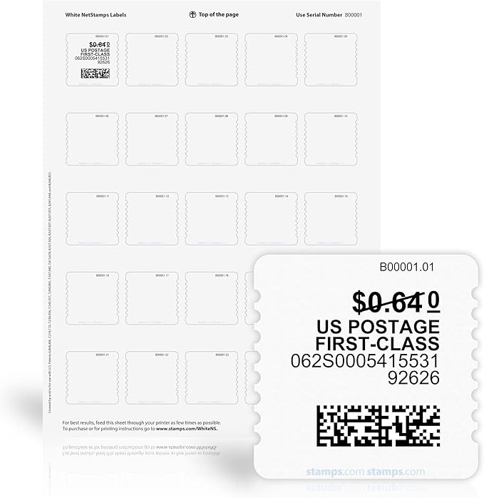 White NetStamps 120-Pack (5 Sheets) Printable Postage Labels (Stamps.com Subscription Required) - Print Approved Postage - Inkjet & Laser Printers - Business, Personal, Home