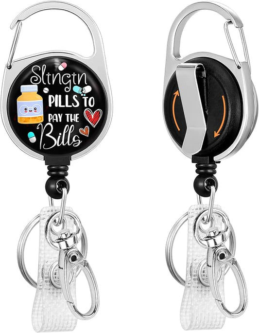 Pharmacy Technician Badge Reel Retractable Heavy Duty with 360°Swivel Carabiner Clip, Pharmacist Pill ID Badge Holder Retractable, Nurse Doctor ID Card Holder Retractable Keychain Name Badge Clip