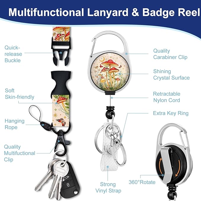 Giancomics Mushroom Lanyards for Id Badges, Cute ID Badge Holder with Lanyard Badge Reel Retractable, Teacher Lanyard with ID Holder Keychain Clip Name Tag ID Card Holder for Women Work Office Gift