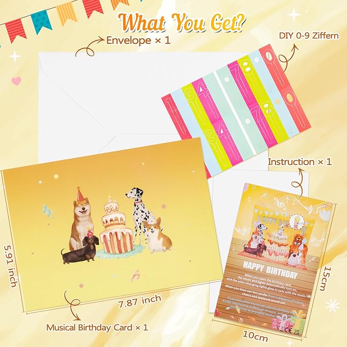 Birthday Cards, Dog Funny Blowable Candle Pop up Greeting Card with Lights Music, Birthday Gifts for Women Men Dog Lover Mom or Dad