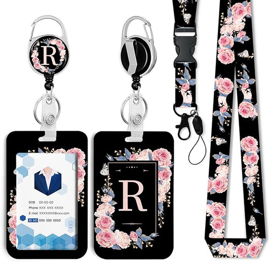 A-Z Badge Holder with Retractable Reel and Breakaway Lanyard Badge Clips Retractable Heavy Duty Badge Reel，Keychain，ID Holder with Breakaway Lanyard for School Nurse Office Teen R