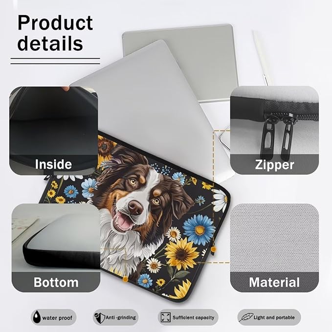 Bernese Mountain Dog Printed Computer Bags for Laptops, Sunflower Daisy Printed 15 Inch Laptop Bag Laptop Briefcase Travel Case for Women Men Teens, Compatible with Most Laptops