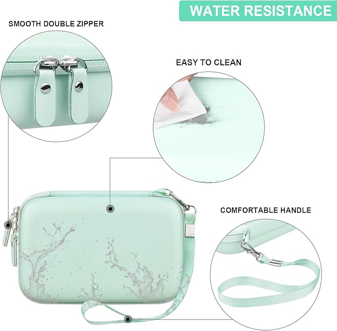 Hard Travel Case for Cabaro Mini Printer Sticker Thermal Printer, Bluetooth Portable Phone Printer Storage Holder Protection Case with Zipper Mesh Pocket fit Rolls Paper, Charging Cable, Green