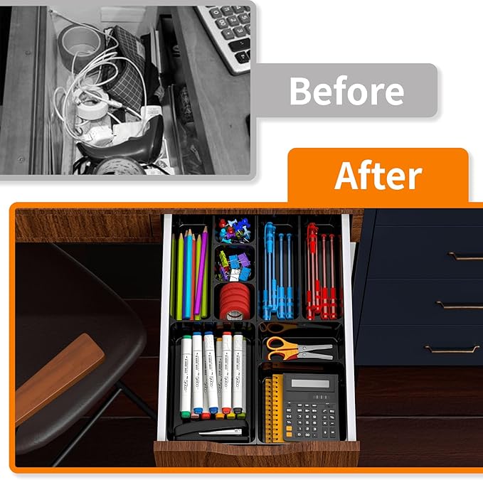 7 Pcs Plastic Drawer Organizer Set,4 Size Small Storage Containers for Organizing Jewelry,Utensil,Junk,Tea,Makeup,Shallow Drawer Organizers Tray Suitable for Office,Desk,Bathroom,Vanity,Kitchen,Black