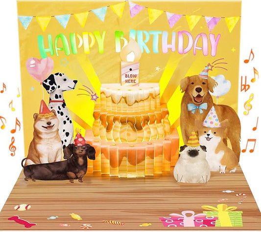 Birthday Cards, Dog Funny Blowable Candle Pop up Greeting Card with Lights Music, Birthday Gifts for Women Men Dog Lover Mom or Dad