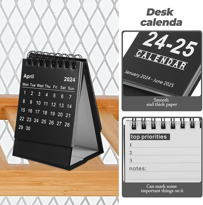 NUOBESTY Mini Desk Calendar 2024.07-2025.12 Portable Small Desktop Calendar Standing Flip Academic Year Monthly Calendars for Planning Organizing Daily Scheduler(Black)
