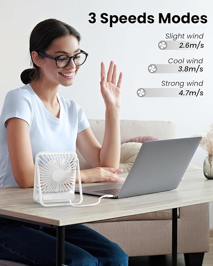 Koonie USB Desk Fan, Strong Wind Ultra Quiet Small Personal Fan with 180° Tilt Folding and 3 Speeds Adjustable, USB-C Corded Powered Mini USB Fan for Office Desktop Bedroom White
