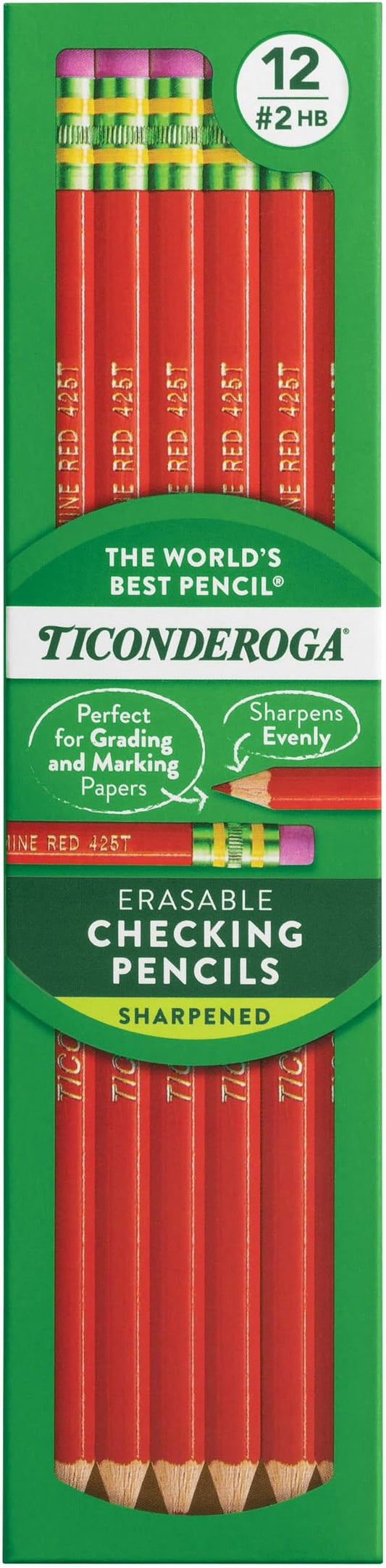 Ticonderoga® Erasable Checking Pencils, Presharpened, Carmine Red, Pack Of 12