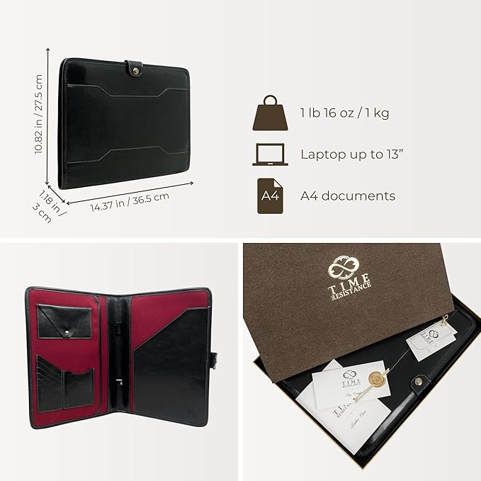 Time Resistance Leather Portfolio - A4 Business Folder - Document Organizer Folio - Case for 13" Laptop - Gift Box Included