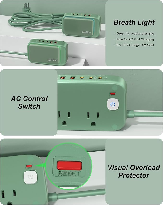 Flat Plug Power Strip, 20W USB C Power Strip with 2500W AC Outlets, 3 USB-C Ports, 2 USB-A Ports, 5FT Flat Extension Cord Outlet Extende Desk Charging Station for Home/Office/Travel Essentials