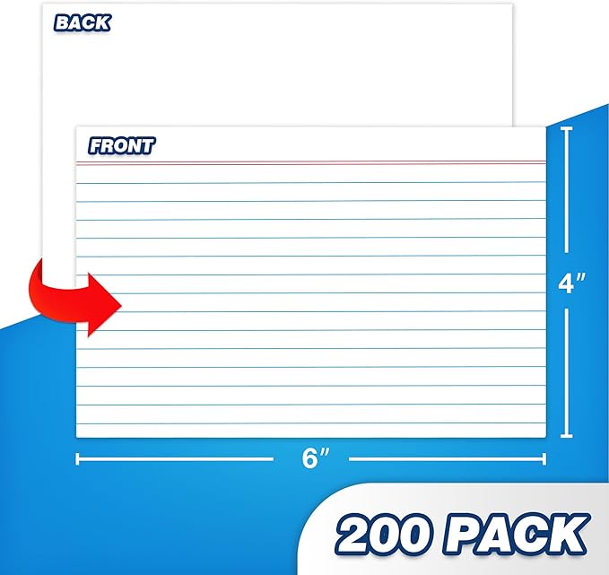 Chell Ruled Index Cards 4x6 Inch Heavyweight, 200 Count, Ruled Front and Blank Back, 65 lb. Cover Weight, White