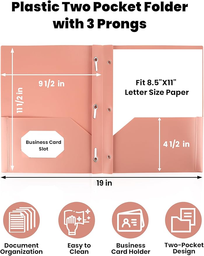 SUNEE 3-Prong Plastic Folders with Pockets (6 Pack, Vintage Colors) 2 Pocket Folders with Fasteners, Tear-Resistant Plastic Pockets, and Fit Letter Size Paper, Use for School Office Home Business