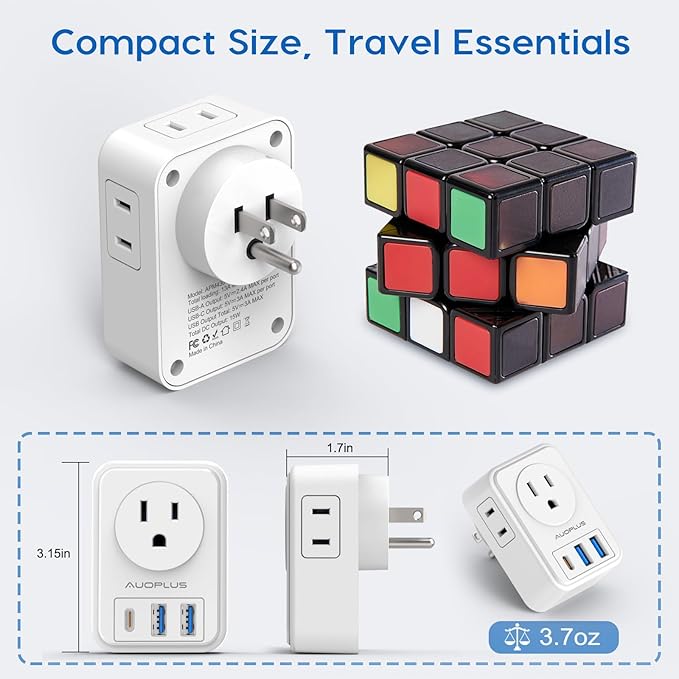 Multi Plug Outlet Extender with USB Ports, Power Strip Non-Surge Protector with 4 Electric Outlets and 3 USB Charger (1 USB C), Multiple Outlets Expander for Cruise Ship, Dorm, Travel Essentials