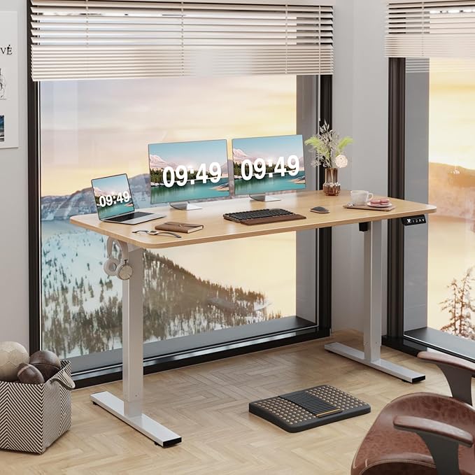 Furmax Electric Height Adjustable Standing Desk Large 55 x 24 Inches Sit Stand up Desk Home Office Computer Desk Memory Preset with T-Shaped Metal Bracket, Light Wood