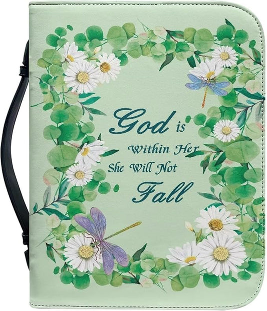 Lotusorchid Bible Book Cover for Women, Large Bible Cover Case with Verse, Sturdy Zippered Bible Carrying Case with Handle Pocket Portable Bible Bag for Bible Study, Green,2XL