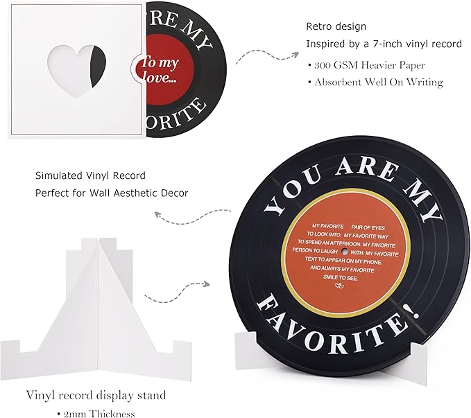 Crisky Anniversary Card with Simulated Vinyl Record and Stand for Him or Her, Valentine's Day Gift for Husband or Wife, Boyfriend or Girlfriend, To My love Card for Men and Women