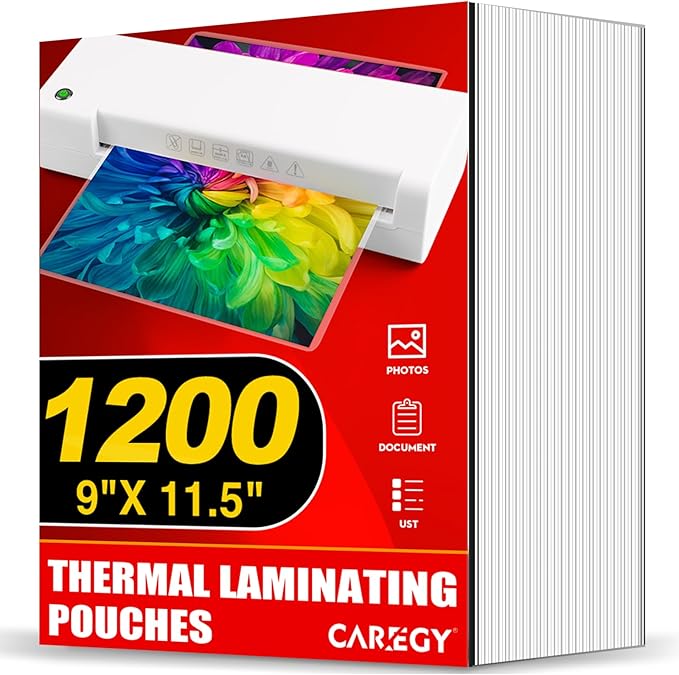 CAREGY Thermal Laminating Pouches, 1200 Pack Laminating Sheets, 3 Mil, 9 x 11.5 Inches Lamination Sheet Paper for Laminator, Clear, Letter Size, Office and School Supplies