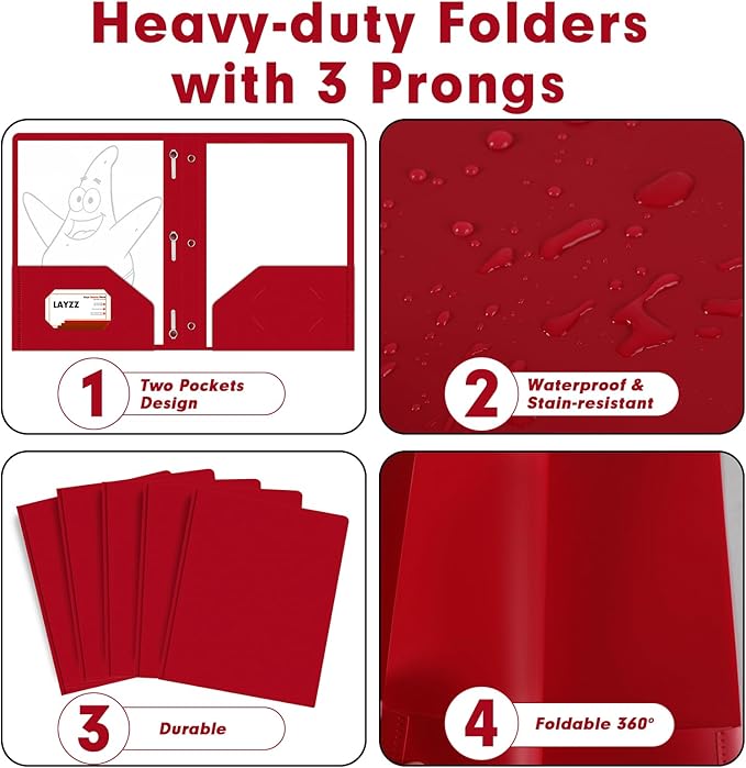 Plastic 2 Pocket Folders with Prongs, 30 Pack, Heavyweight, Letter Size Poly Folders with 3 Metal Prongs Fastener Clips (Red)