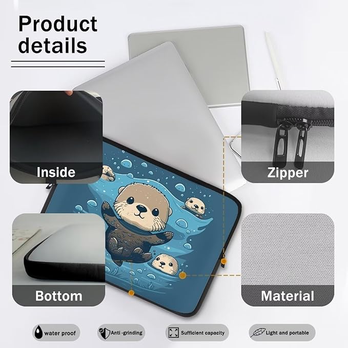 Sea Otter Computer Sleeve for Women 12 inch Laptop Sleeve Durable Lap Top Case with Multiple Uses Tablet Bag Teen Girls Laptop Carrying Case Briefcase Navy Blue