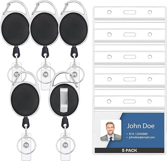 Will Well ID Badge Holders with Clip and Keyring - Horizontal Clear Plastic 3.7" x 2.5" Sleeves Fit Up to 3 Cards - Easy-Access Retractable 24" UHMWPE Fiber Pull Cords - 5-Pack, Black Reels
