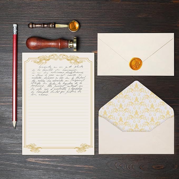 90 Pieces Stationery Set with Envelopes (60 Vintage-Style Paper Sheets + 30 Envelopes), Gold Border Letter Writing Paper and Envelopes for Love Letter, Party Invitations