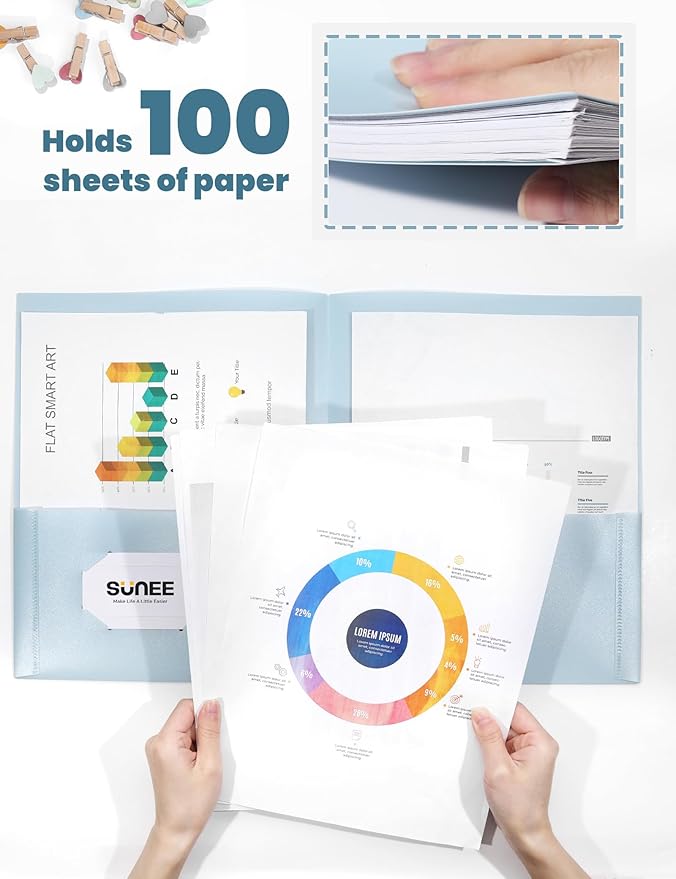 SUNEE 2 Pocket Folders (12 Pack, Pastel Colors) Heavy-Duty Plastic Folders with Pockets, Fit 8.5x11 Letter Size Paper, 2-Pocket File Folders for Kids, Home, School, Office