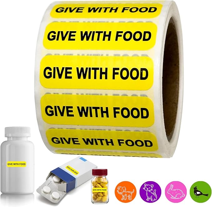 Give with Food-Veterinary Labels/Stickers, 1.5 x 0.43 inch Medication Instruction Labels for Medical Containers Pharmacies Hospitals for Drugstor Management, 500 Labels per roll (Yellow)