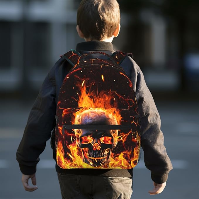 Flaming Skeleton Laptop Book Bag Daily Backpack Large Capacity Universal Waterproof Fire Skull Bags With Adjustable Straps Lightweight Breathable Leisure Travel Camping Backpack 15x11in