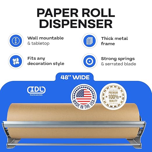 IDL Packaging 48" Kraft Paper Roll Dispenser & Cutter for Rolls up to 48" Wide and 9" in Diameter - Tabletop Reinforced Steel Paper Holder with a Cutter - for Kraft and Butcher Paper