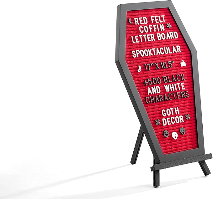 Coffin Letter Board Red With Spooky Emojis +500 Characters, and Wooden Stand - 17x10.5 Inches - Goth Valentines Gifts Horror Spooky Gothic Valentines Day Halloween Decor Decorations