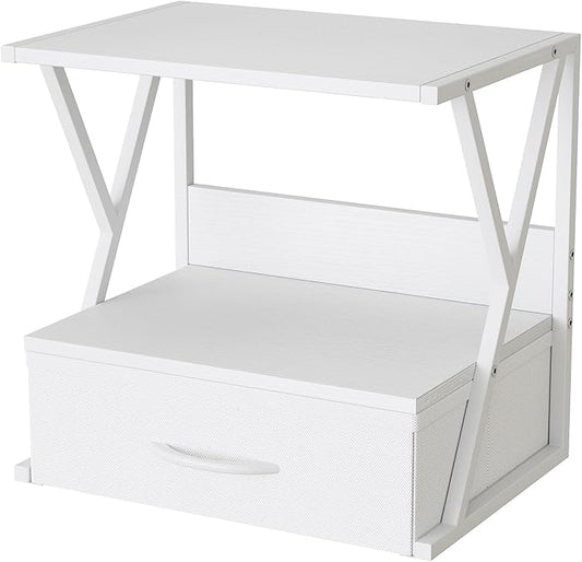 aboxoo Printer Stand for Desk with Storage Drawer, 2 Tier Desktop Or Under Desk Shelf, Multi-Purpose Desk Organizer for Home Office, fit Fax Machine/3D Printer/Scanner, White