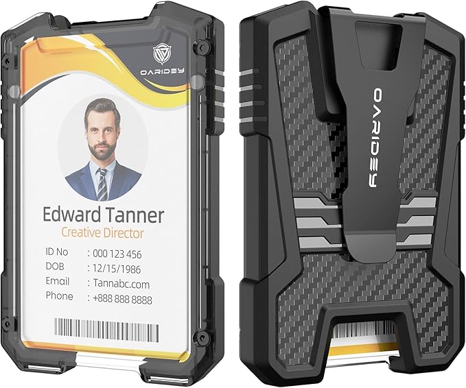 Oaridey Carbon Fiber Badge Holder/ID Card Holder/Portable Travel Wallet with Manganese Steel Clip, Heavy Duty Vertical Clear ID Holder for Work ID, Credit Cards