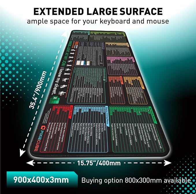 Excel Shortcut Keys Mouse Pad - Extended Large XXL Cheat Sheet Gaming Mousepad | PC Office Spreadsheet Keyboard Mat | Non-Slip Stitched Edge