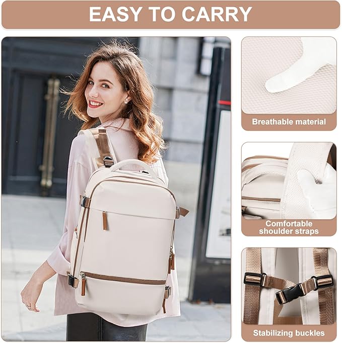 Travel Backpack Simple Durable Carry On Backpack with Shoe Compartment, Personal Item Travel Bag Flight Approved, Water Resistant Laptop Backpack for Women Men Weekender Business, Beige