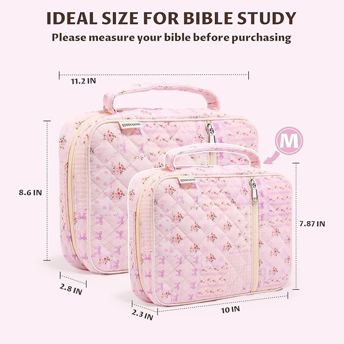 shirabags Quilted Bible Cover Case for Women - Elegant Cotton Bible Bag for Study, Church, Christian Gifts for Women (Pink pin, M)
