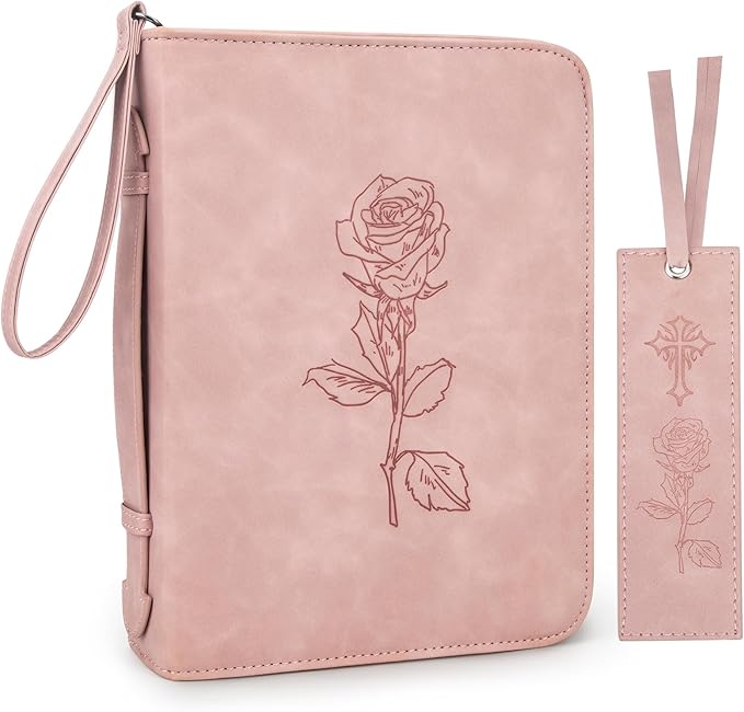 Bible Covers for Women, Leather Bible Study Case with Bookmark for Girls, Bible Supplies Carrying Bag Tote with Strap,Personalized Book Organizer Bag for Journaling Bible-Pink