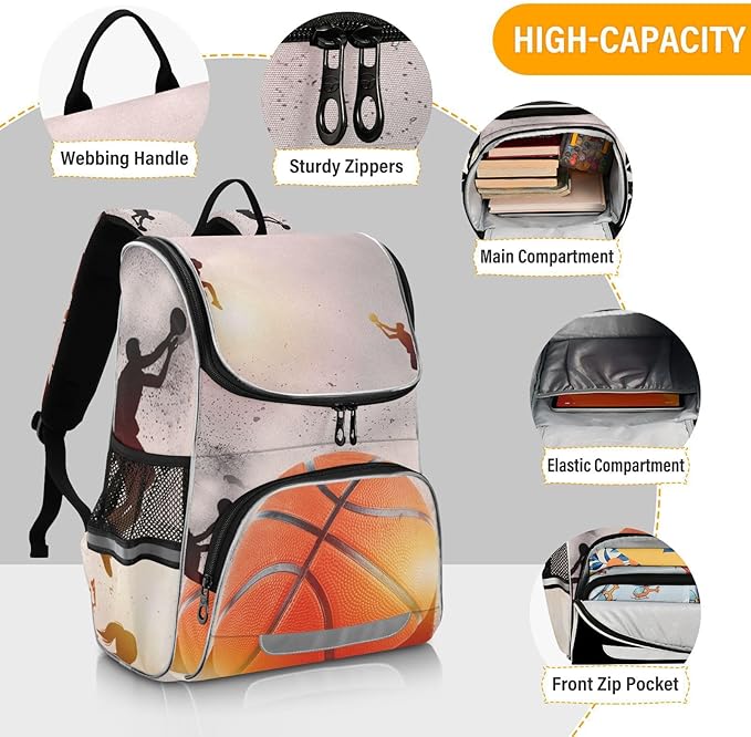 Basketball Backpack with Reflective Strip for Kids Boys Girls Elementary School Bag Removable Chest Strap