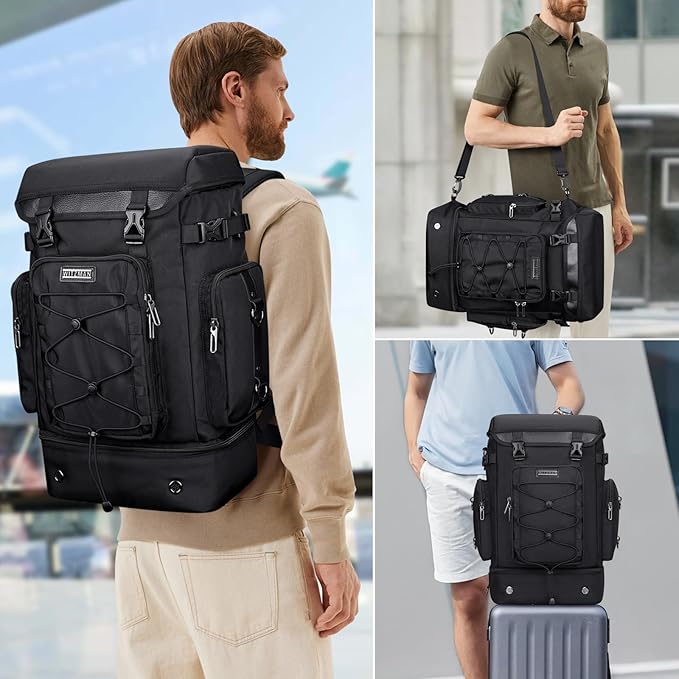 WITZMAN Travel Backpack for Men Women Carry on Bags for Airline Approved Convertible Duffle Luggage Backpack Shoe Compartment（B691 Classic Black）