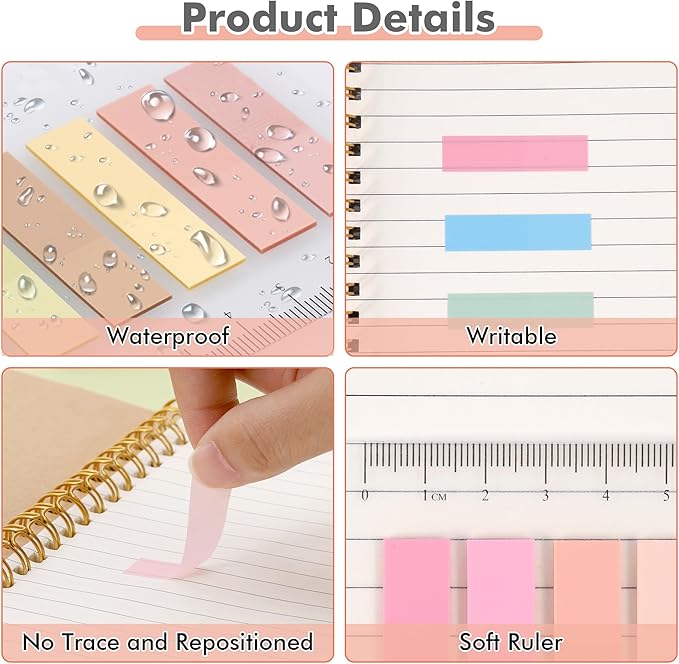 2000Pcs Sticky Tabs with Ruler, 10 Pack Index Tabs, Post It Sticky Notes, Repositionable Book Flags Strip Index Tabs Clear Page Markers for Office School Reading Highlights Classifying