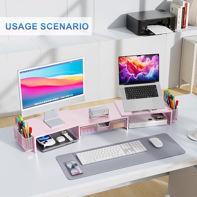gianotter Dual Monitor Stand Riser, Desk Organizer With Drawer and 2 Pen Holders,Desk Organizers and Accessories, Pink Office Supplies (Pink)