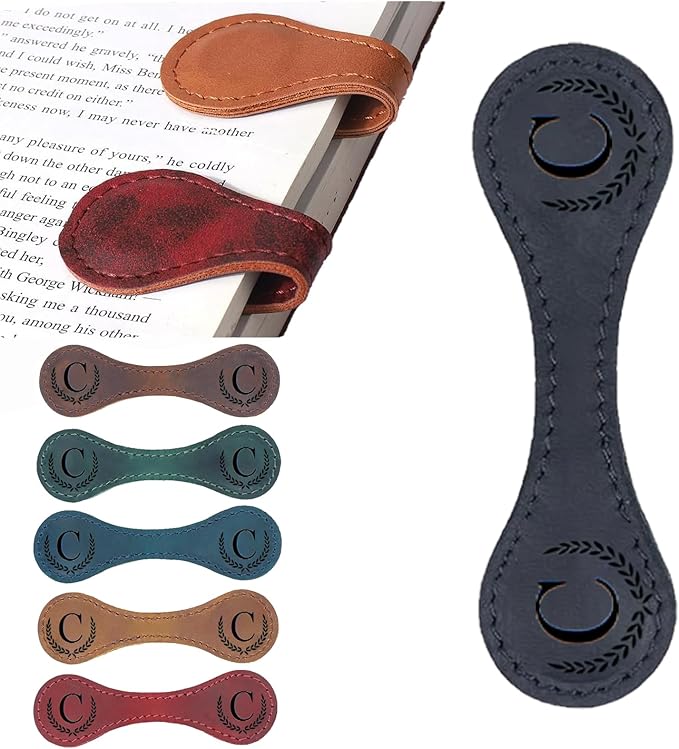 Personalized Magnetic Leather Bookmark, 26 Letters Custom Leather Bookmarks, Handmade, Leather Magnetic Bookmark for Book Lovers Readers Women Kid(Black，C）
