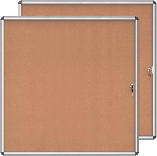 2 Pack 38"x38" Enclosed Bulletin Board, Lockable Weather-Resistant Aluminum Cork Noticeboard for School & Office, Silver Frame w/Cork
