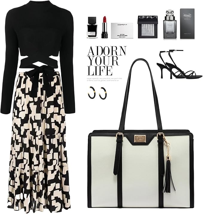 T's Luxury Laptop Tote Bag For Women 15.6 Inch Canvas Bag With Vegan Leather Trim Briefcase Computer Bag With Clutch Purse For Office Business,Travel, Beige and Black.