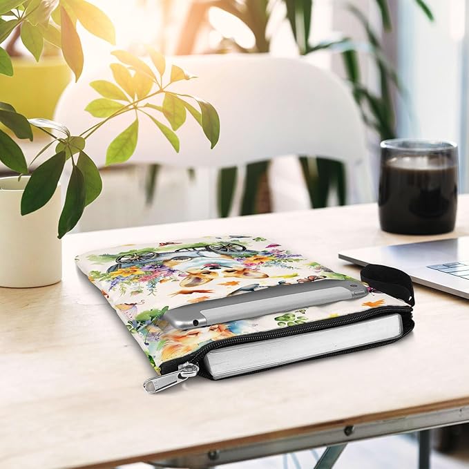 84hoods Book Cover Bag with Zipper and Front Pocket. Corgi and Book Lovers Gift. Washable Fabric 11 X 8.5 Inch Padded Protector Pouch for Paperbacks. Flower Garden