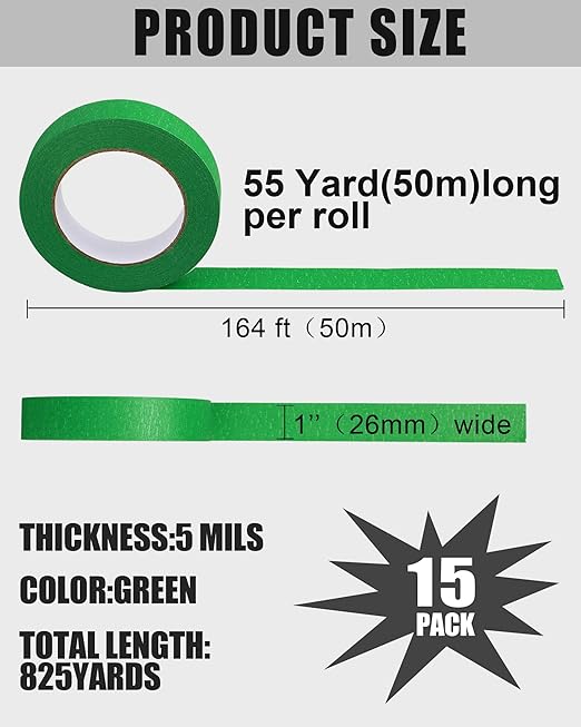 Fainne Green Painters Masking Tape Bulk 1 Inch x 55 Yard, General Purpose Paint Band Removable Adhesive Tape Multi Surface Roll for Painting Labeling School Supplies(15 Pcs)